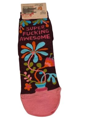 Blue Q Brown Sock with Pink Text and Multicolor Floral Accents